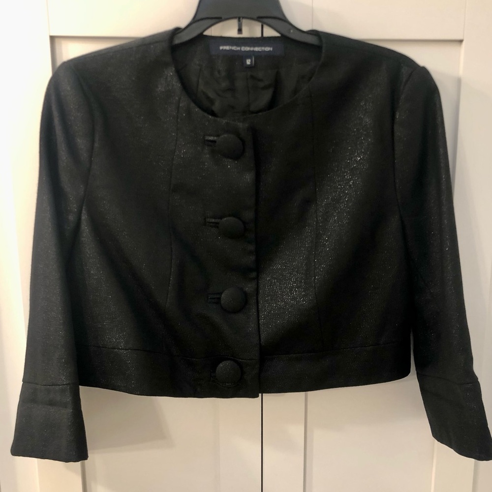 French Connection Vintage Short Cropped Button Down Black Shimmer Jacket Size 12